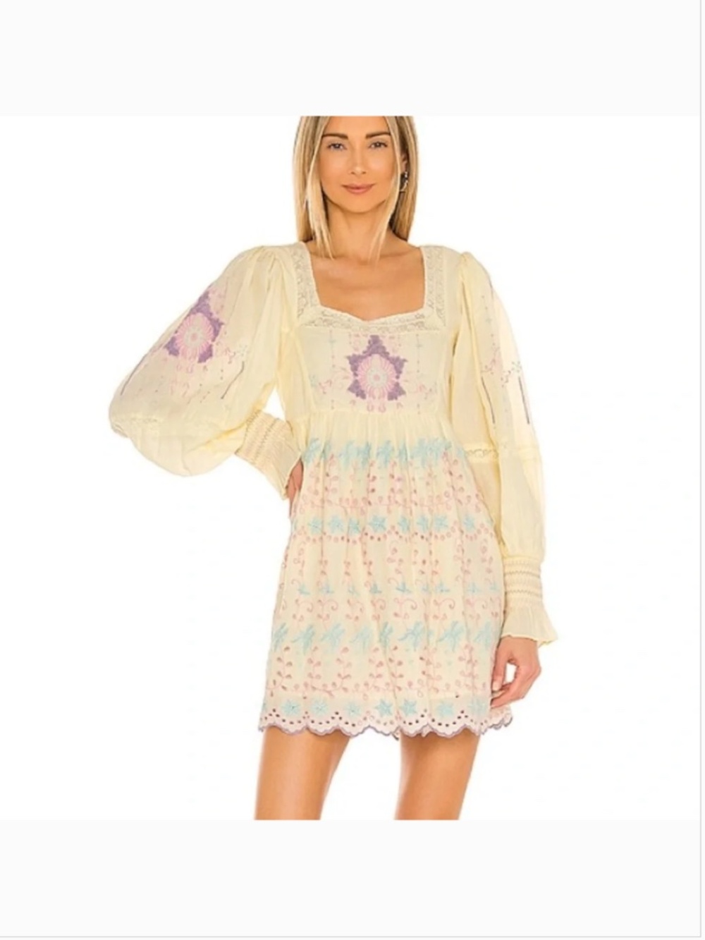 LoveShackFancy Freja Embroidered Yellow Lilac Romantic Victorian Cotton Dress 8 - Picture 3 of 8